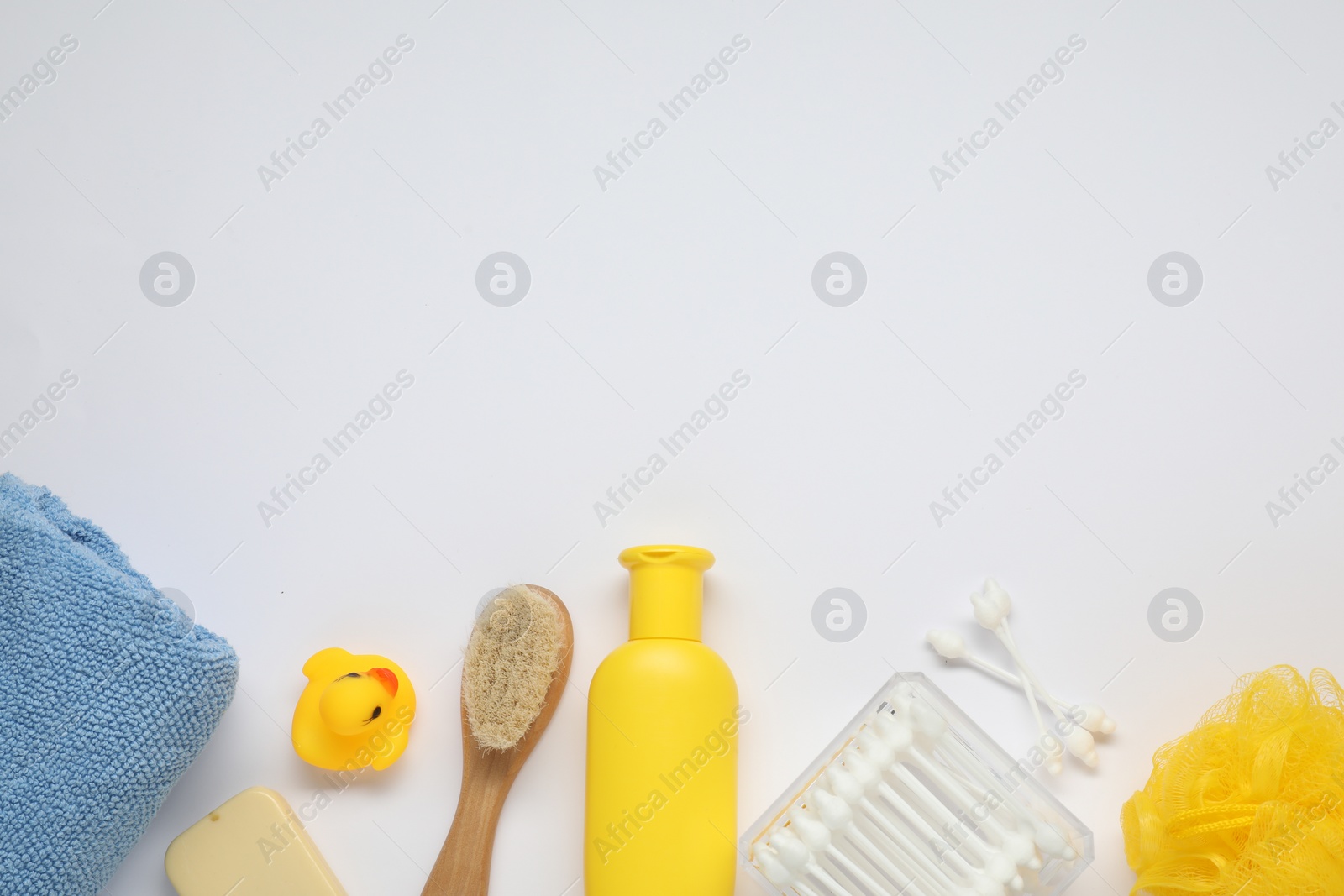 Photo of Baby bath accessories and care products on white background, flat lay. Space for text