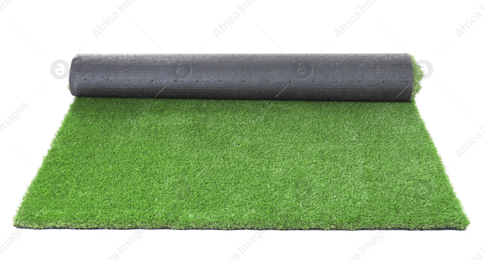 Photo of Rolled artificial grass carpet on white background. Exterior element