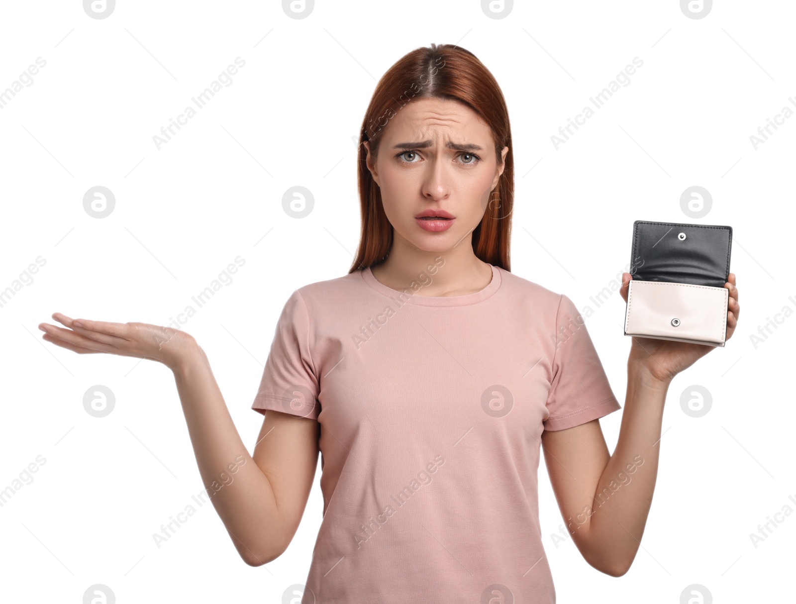 Photo of Upset woman with empty wallet on white background