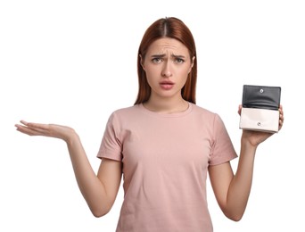 Upset woman with empty wallet on white background