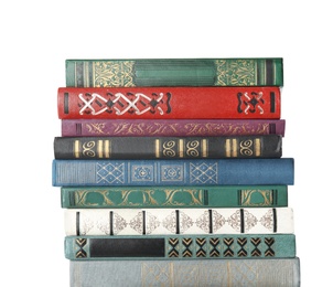 Stack of hardcover books on white background