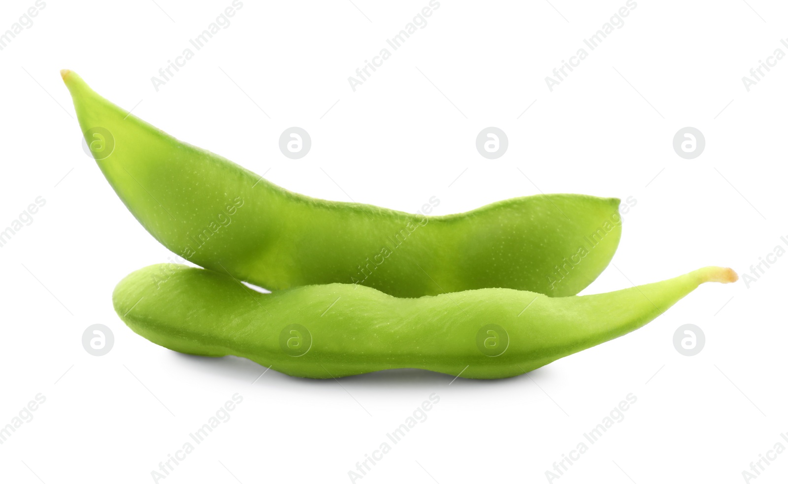 Photo of Raw green edamame pods on white background