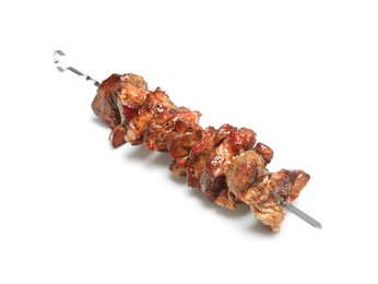 Photo of Metal skewer with delicious shish kebab isolated on white