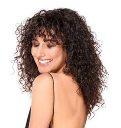 Photo of Beautiful young woman with long curly hair on white background