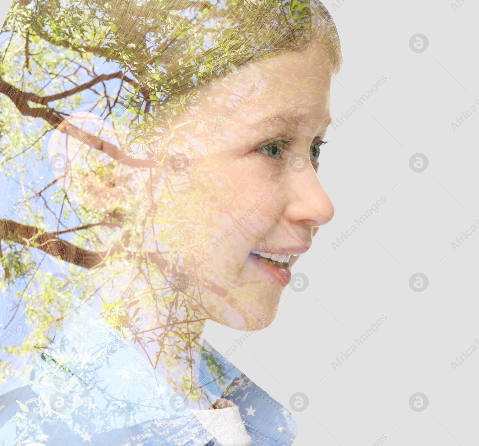 Image of Double exposure of cute little girl and green tree on light background