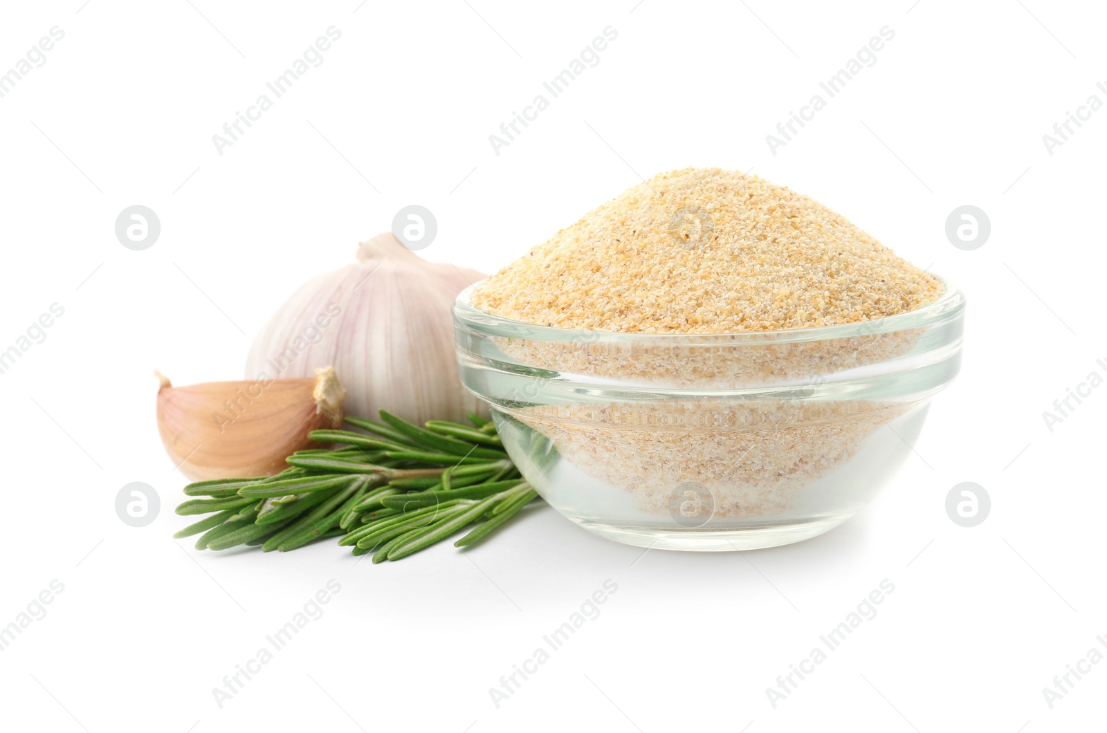 Photo of Bowl of dry garlic powder and rosemary on white background