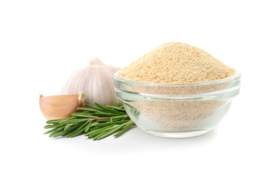 Photo of Bowl of dry garlic powder and rosemary on white background