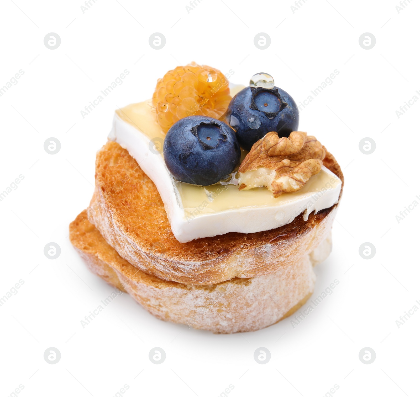 Photo of Tasty sandwich with brie cheese, fresh berries and walnut isolated on white