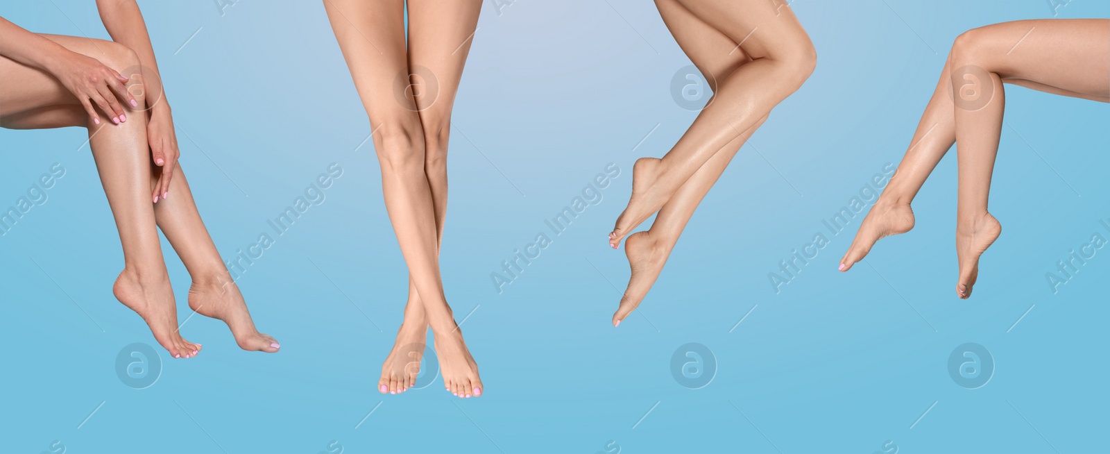 Image of Collage with photos of women with beautiful legs on light blue background. Banner design