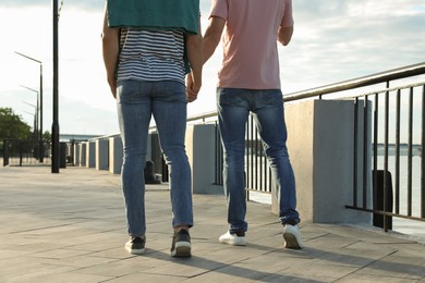 Photo of Gay couple walking outdoors on sunny day, back view