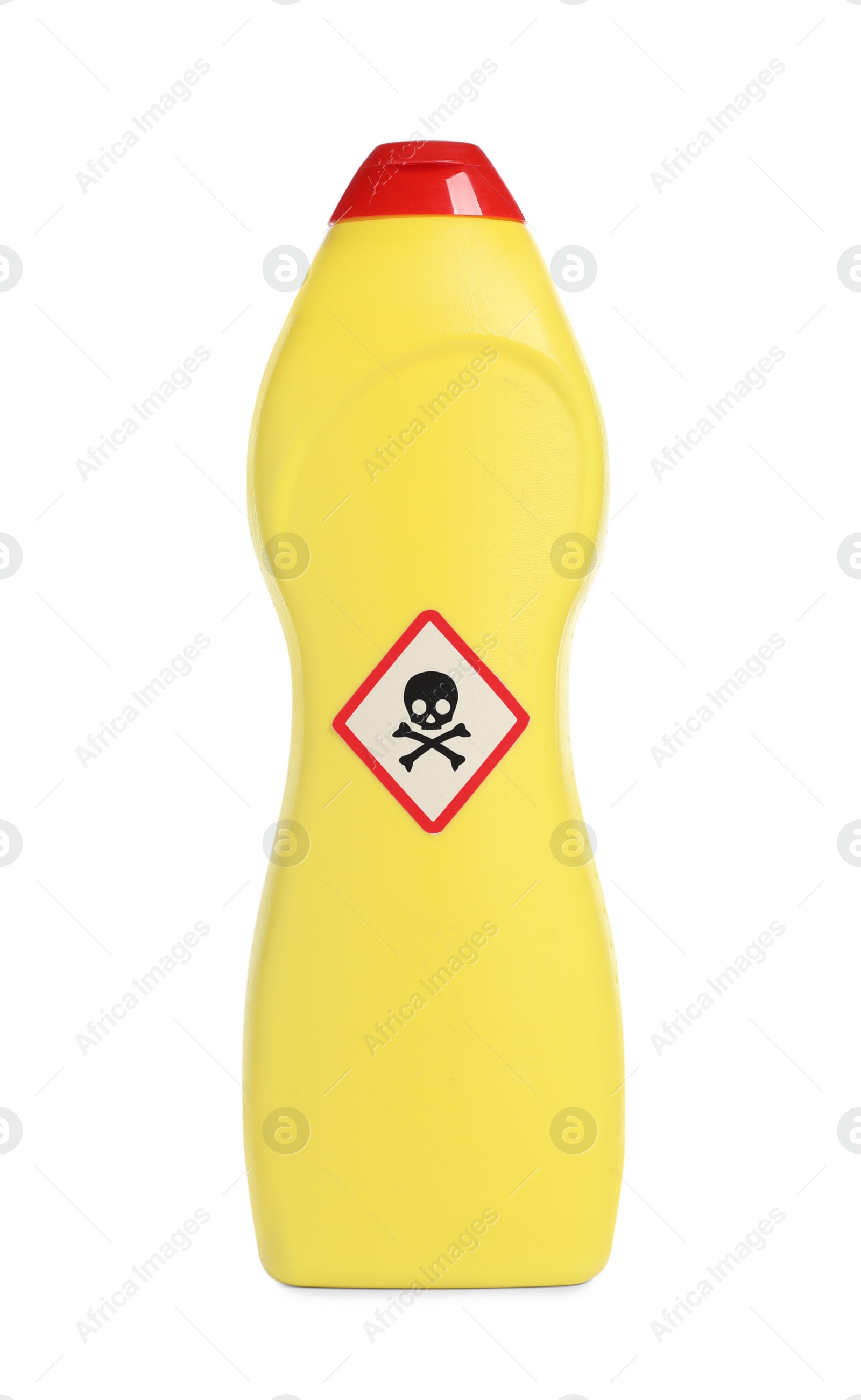 Photo of Bottle of toxic household chemical with warning sign isolated on white