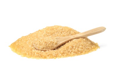 Photo of Pile of brown sugar and wooden spoon isolated on white