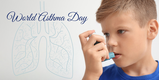 World asthma day. Little boy using inhaler on light background, banner design