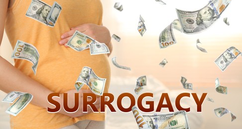 Image of Surrogacy concept. Closeup view of young pregnant woman and flying money on light background