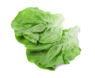 Photo of Fresh leaves of green butter lettuce isolated on white, top view