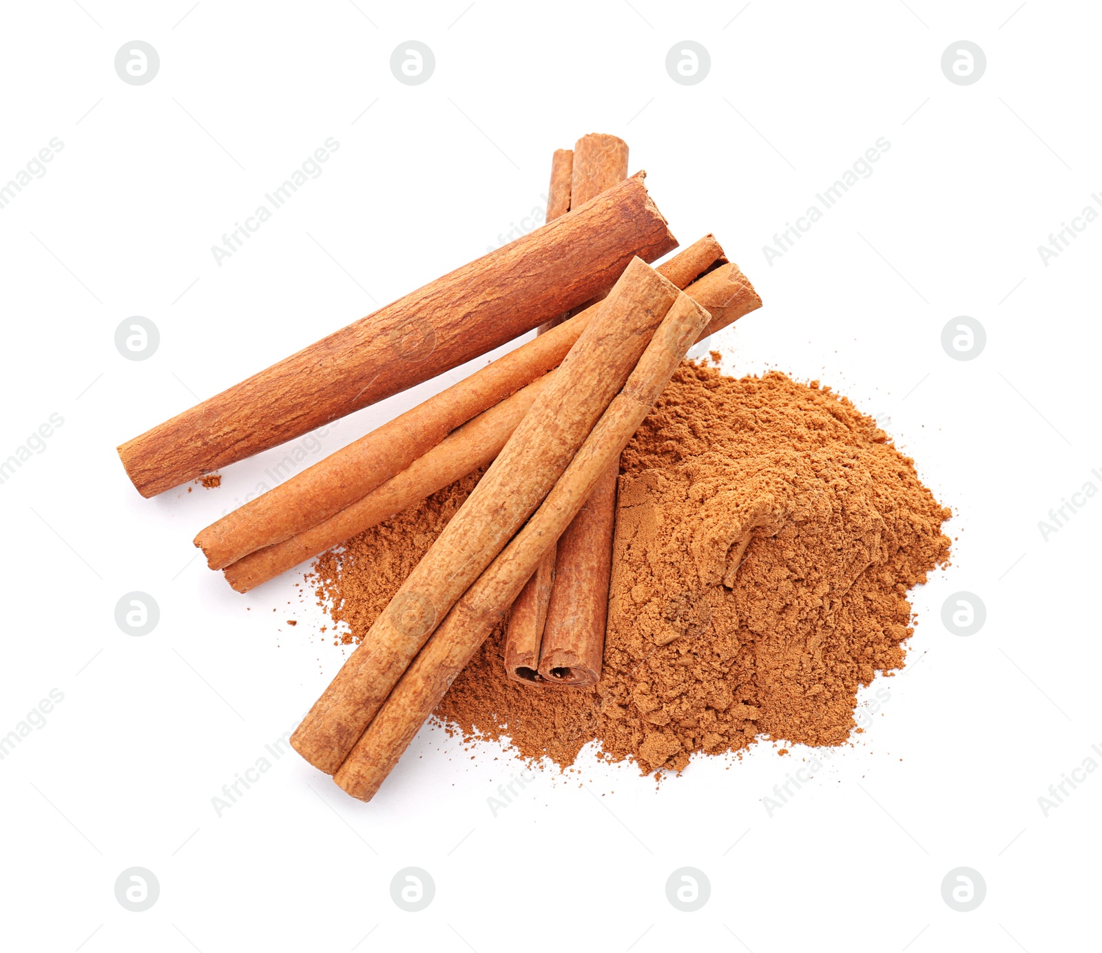 Photo of Aromatic cinnamon sticks and powder on white background