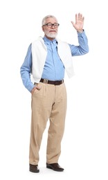 Photo of Senior man waving hand on white background
