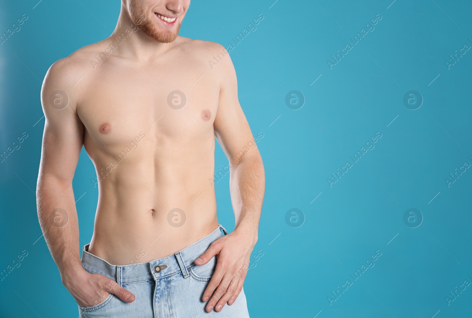 Photo of Man with slim body on color background, closeup. Space for text