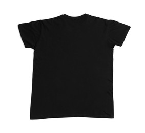 Photo of Black t-shirt isolated on white, top view. Mockup for design