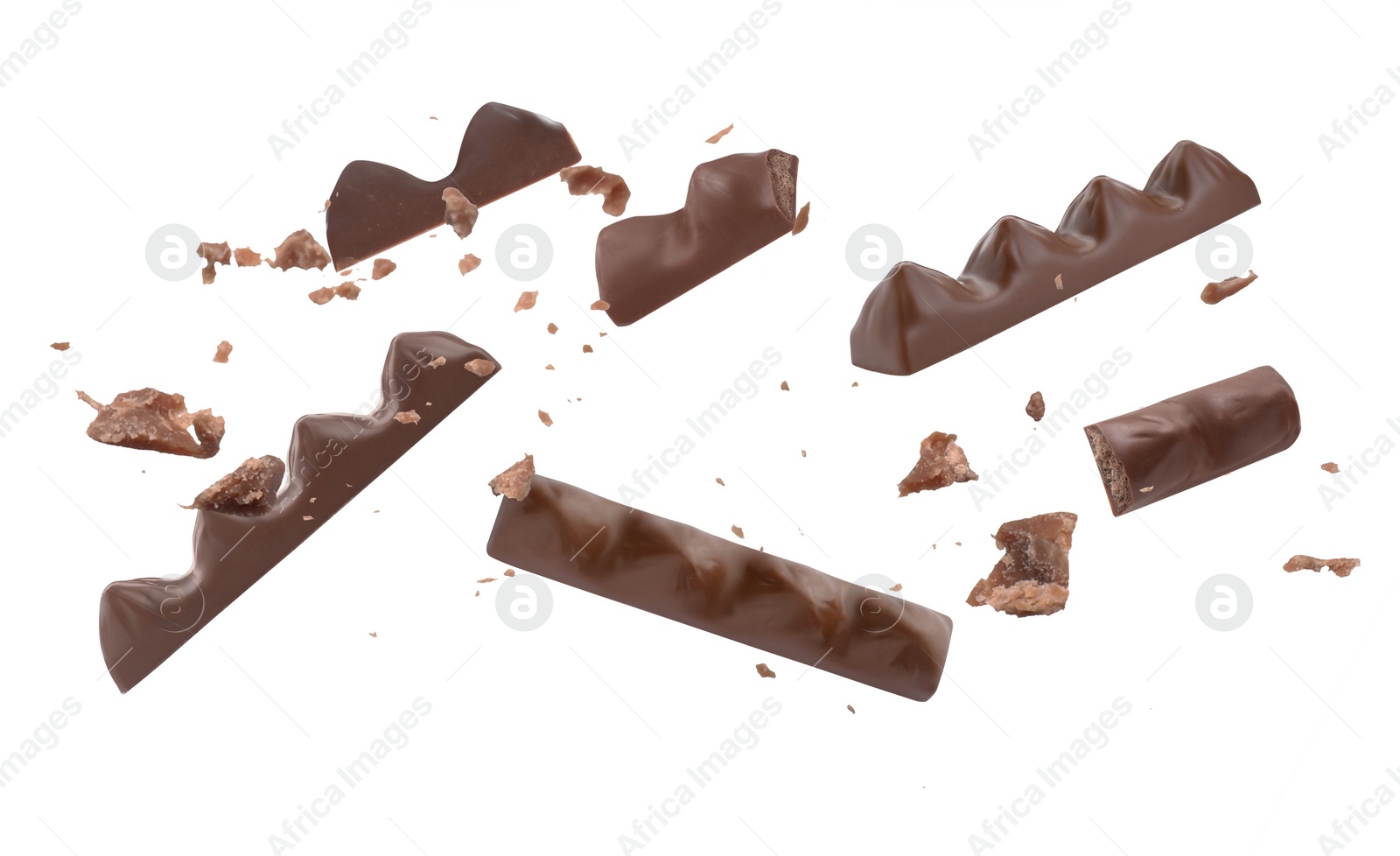 Image of Tasty chocolate bars falling on white background