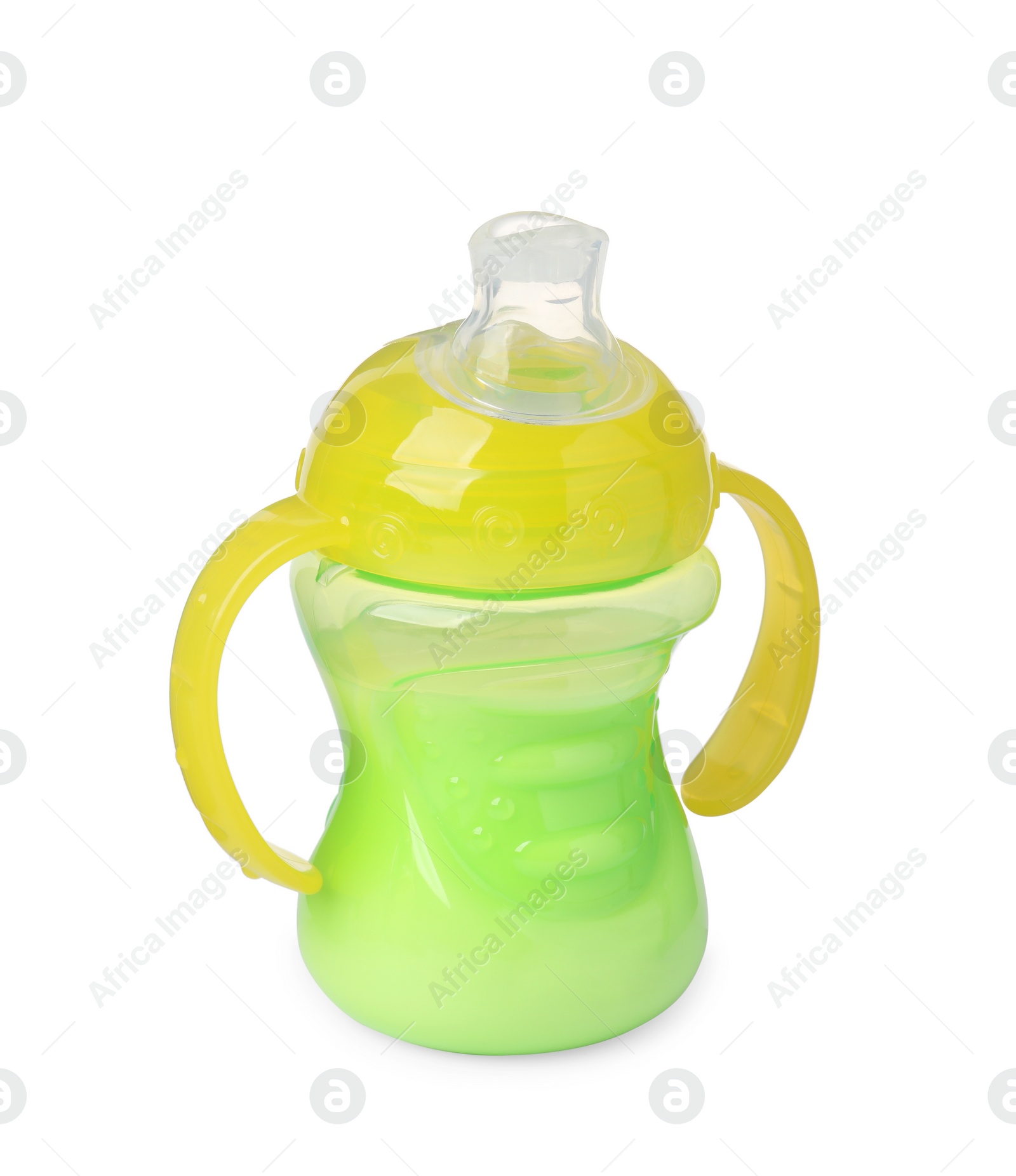 Photo of One feeding bottle with milk on white background