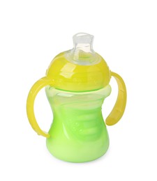 Photo of One feeding bottle with milk on white background