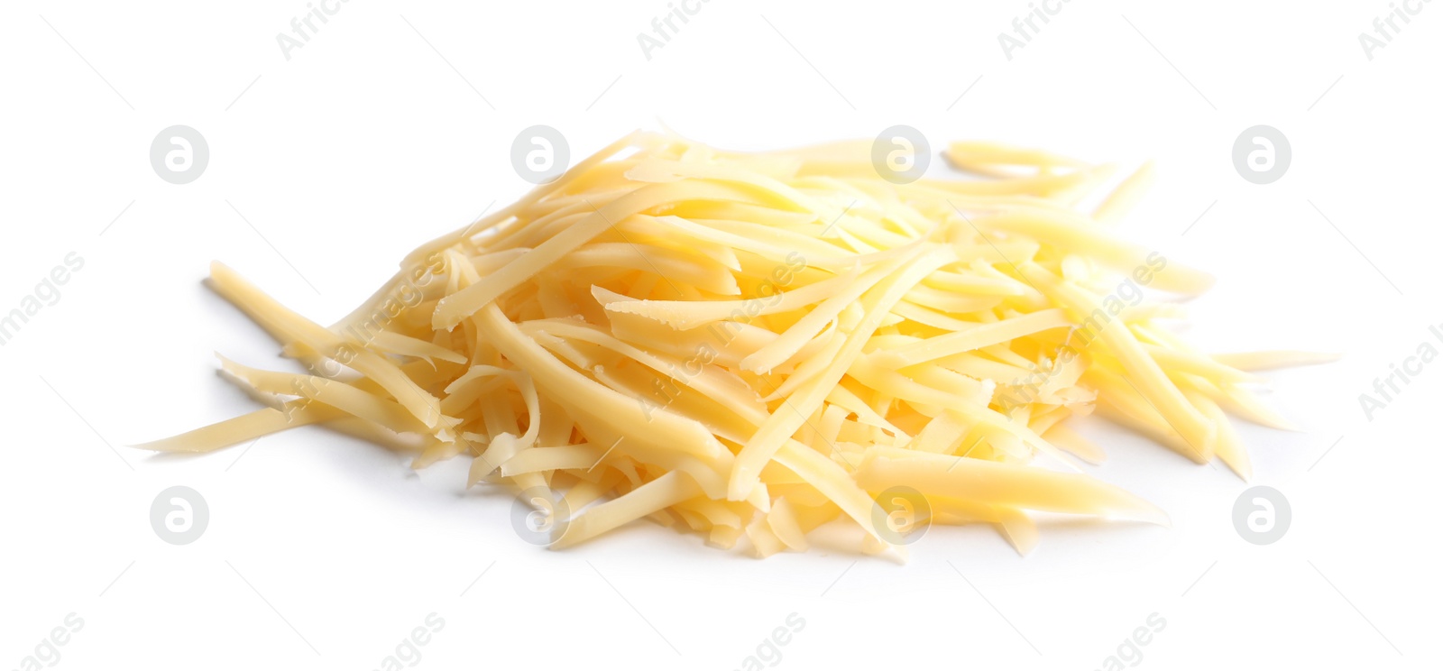 Photo of Heap of grated delicious cheese on white background