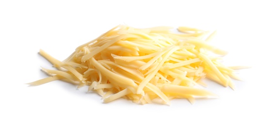 Heap of grated delicious cheese on white background