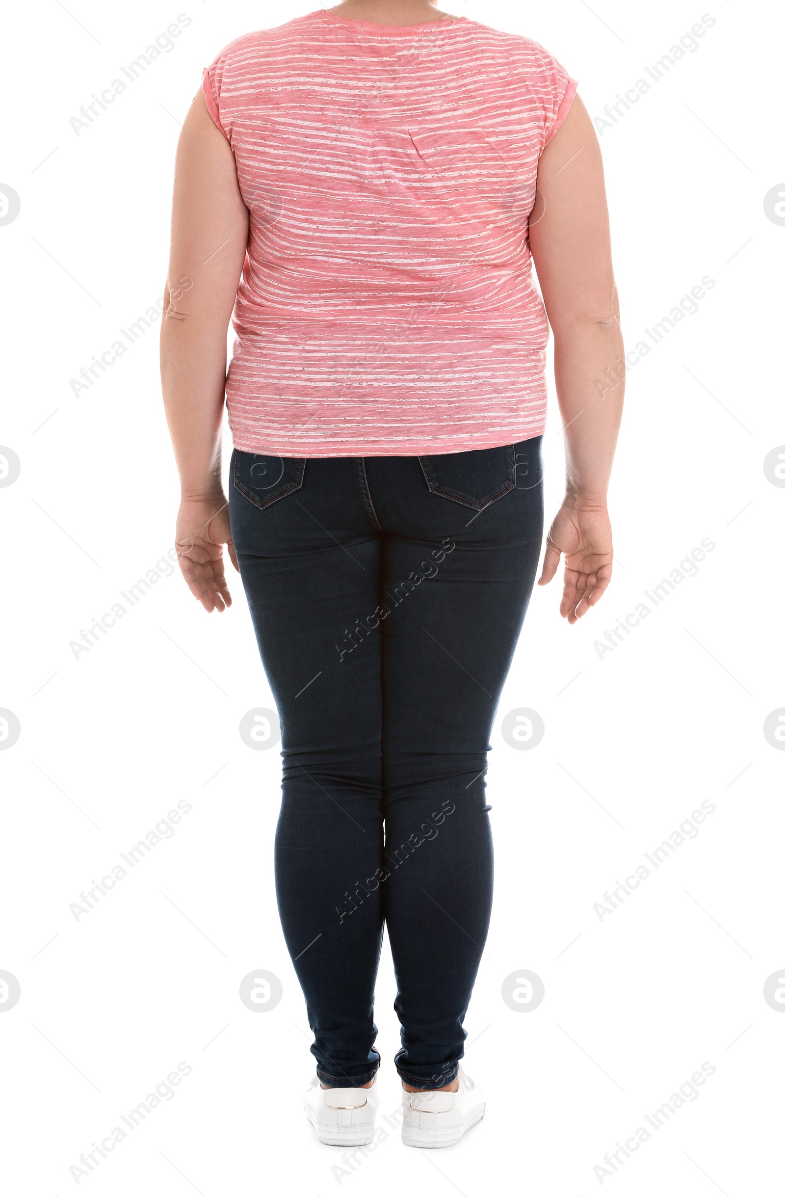 Photo of Overweight woman on white background, closeup. Weight loss