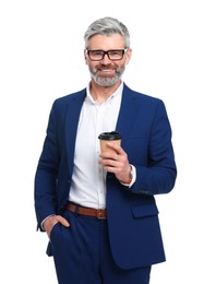 Photo of Mature businessman in stylish clothes with cup of drink on white background
