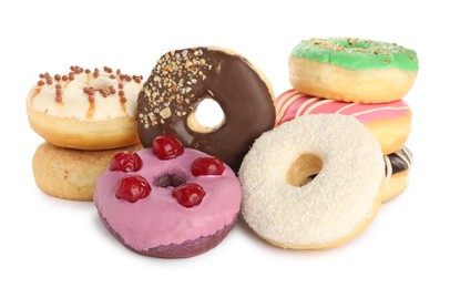 Photo of Sweet tasty glazed donuts on white background