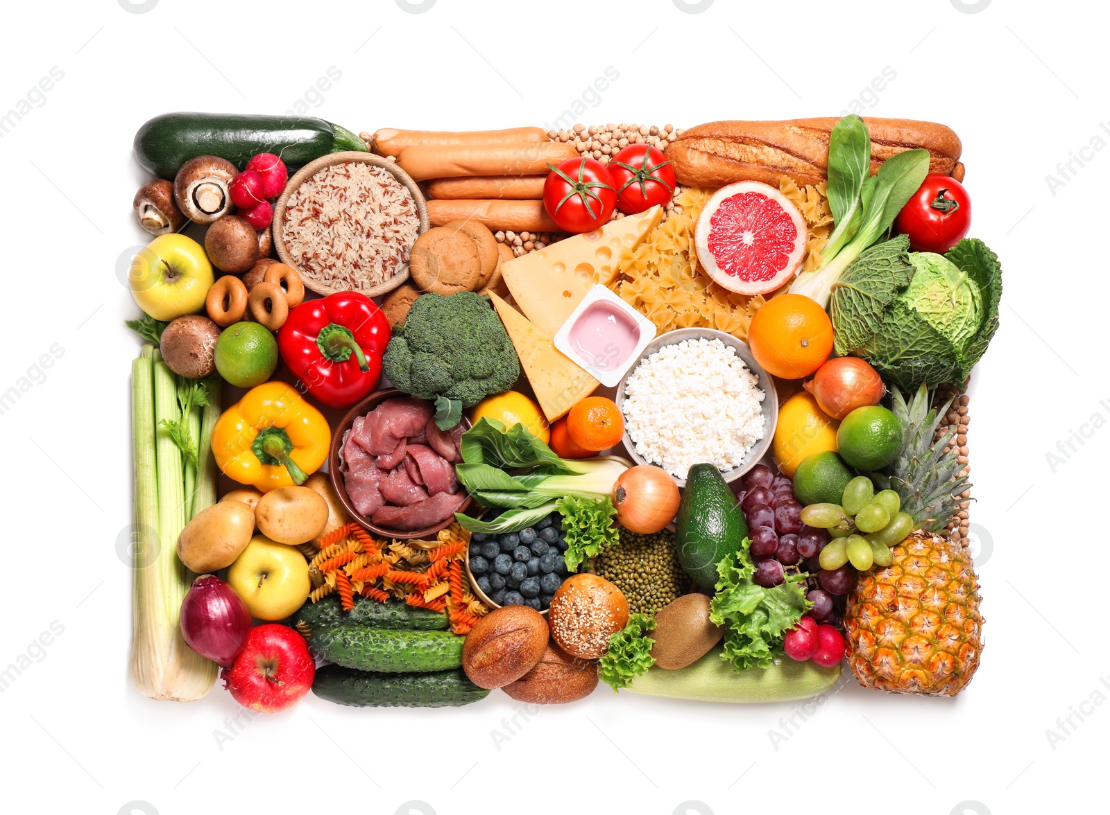 Photo of Different products on white background, top view. Healthy food and balanced diet