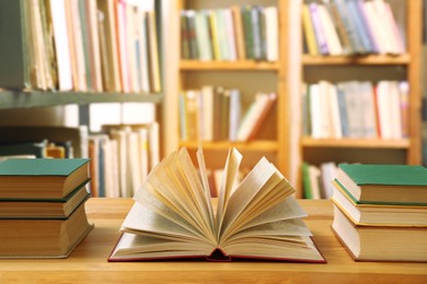 Many books on wooden table in library