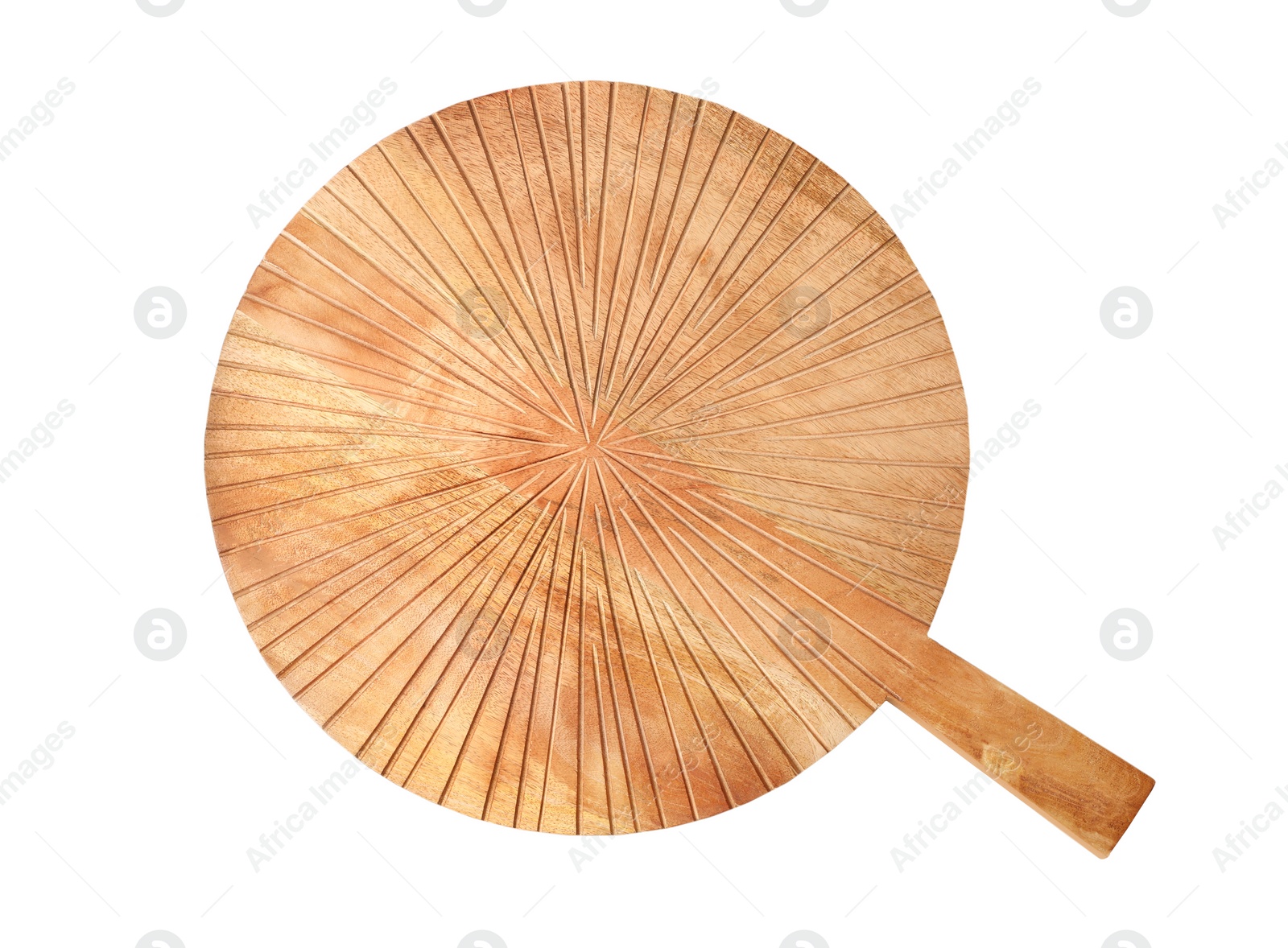 Photo of Wooden cutting board isolated on white, top view. Cooking utensil