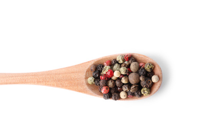 Photo of Mix of different pepper grains isolated on white, top view