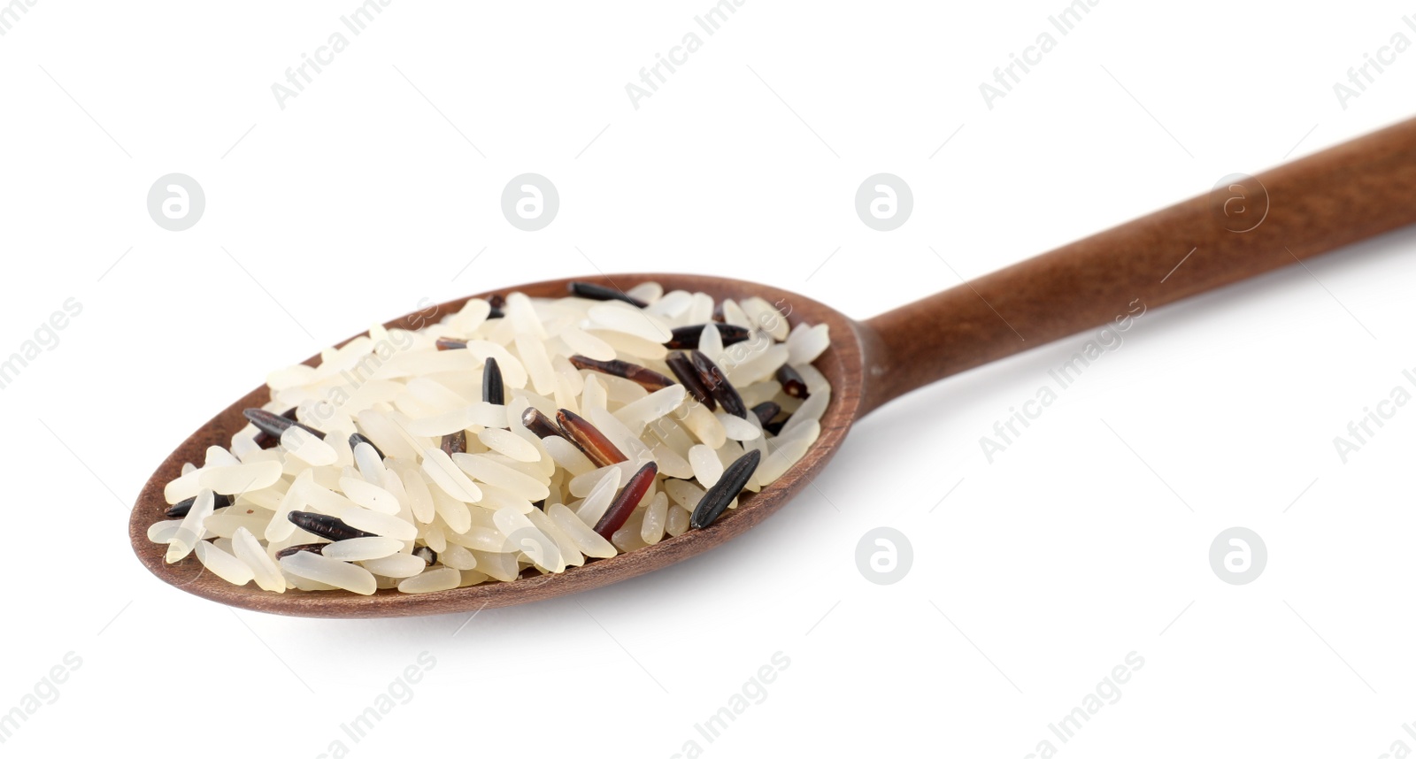 Photo of Mix of brown and polished rice in spoon isolated on white