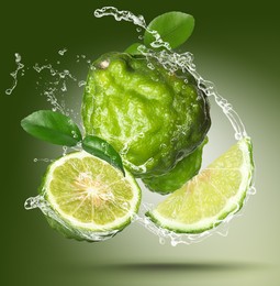 Image of Fresh ripe bergamot fruits, green leaves and splashing water on color background