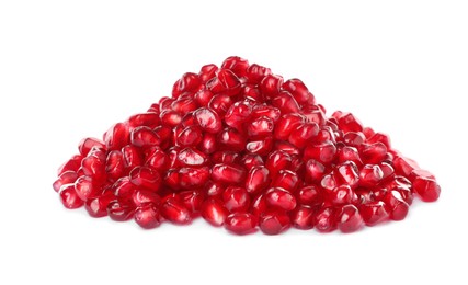 Photo of Pile of tasty pomegranate seeds on white background