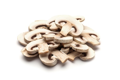 Photo of Slices of fresh champignon mushrooms on white background