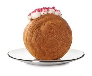 Round croissant with cream isolated on white. Tasty puff pastry