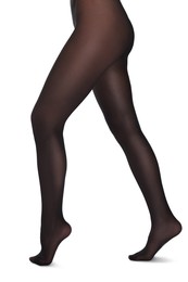 Photo of Woman with beautiful long legs wearing black tights on white background, closeup