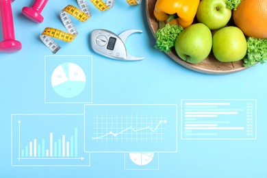 Tasty fruits, vegetables, dumbbells, measuring tape, digital caliper and illustration of charts on light blue background, flat lay. Visiting nutritionist