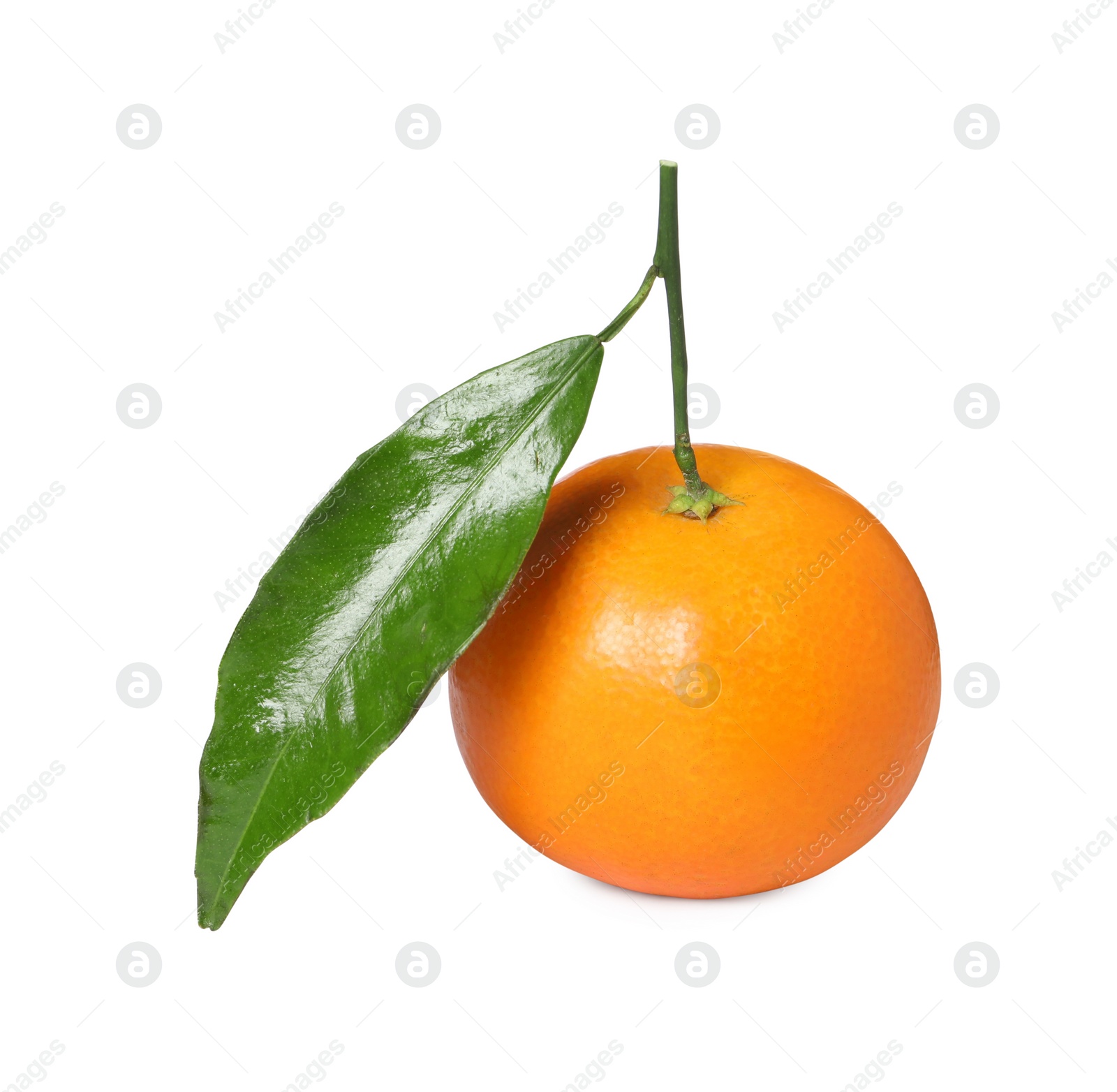 Photo of Fresh ripe juicy tangerine with green leaf isolated on white