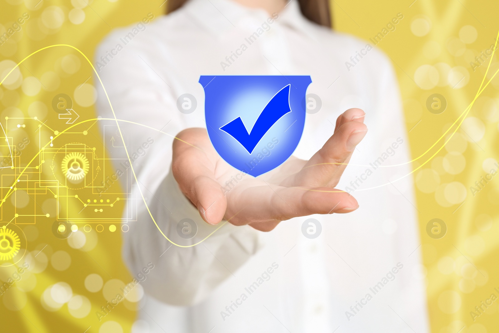 Image of Cyber crime protection. Businesswoman demonstrating digital shield symbol, closeup