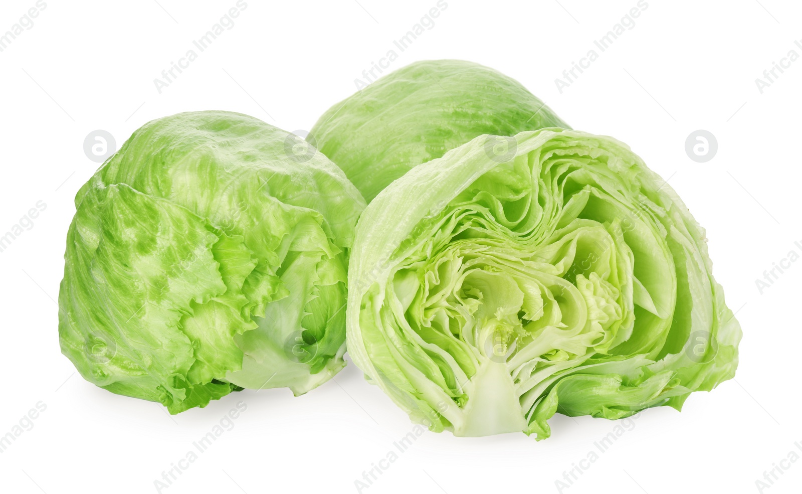 Photo of Whole and cut fresh green iceberg lettuces isolated on white