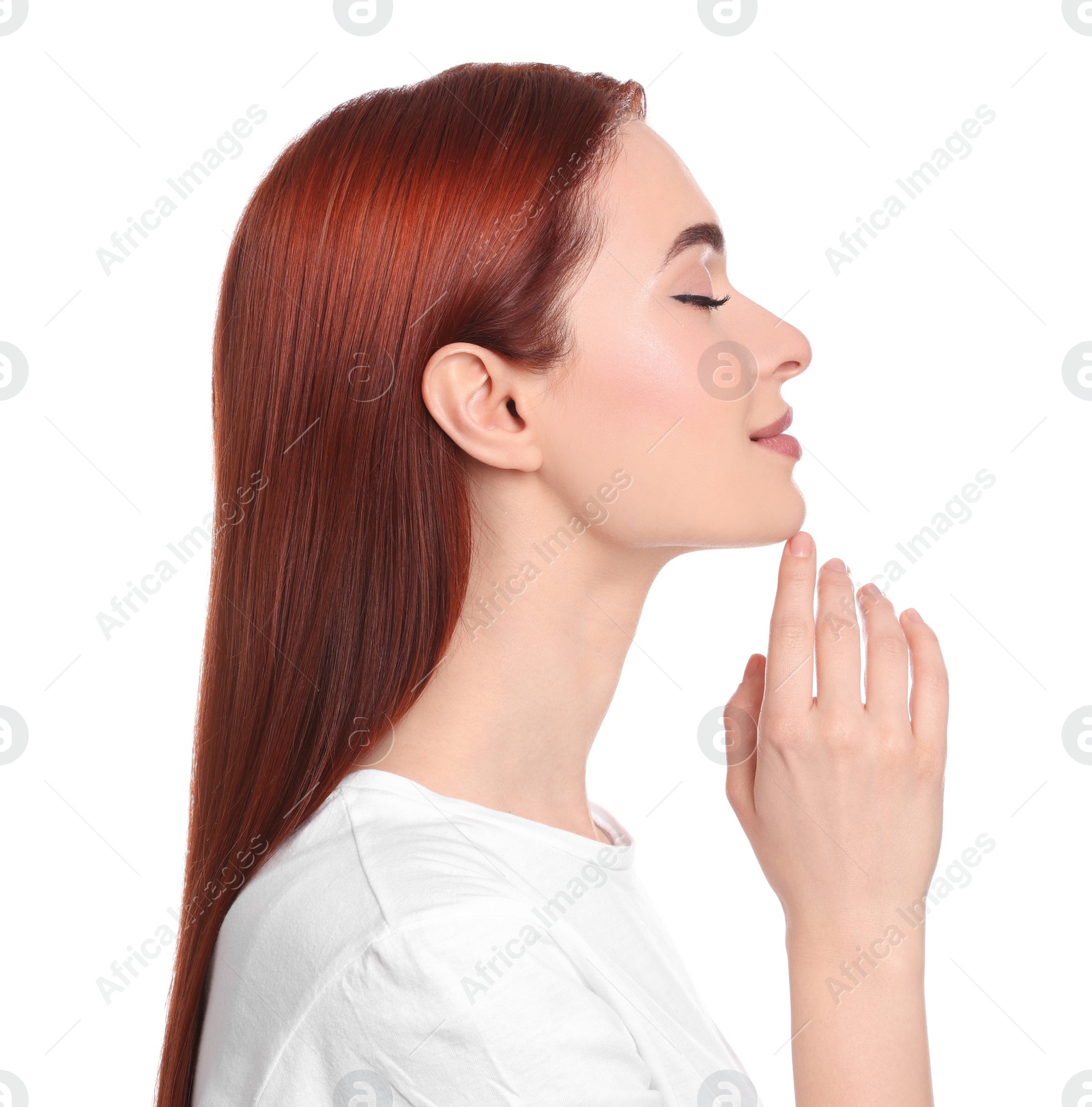 Photo of Beautiful woman with red dyed hair on white background