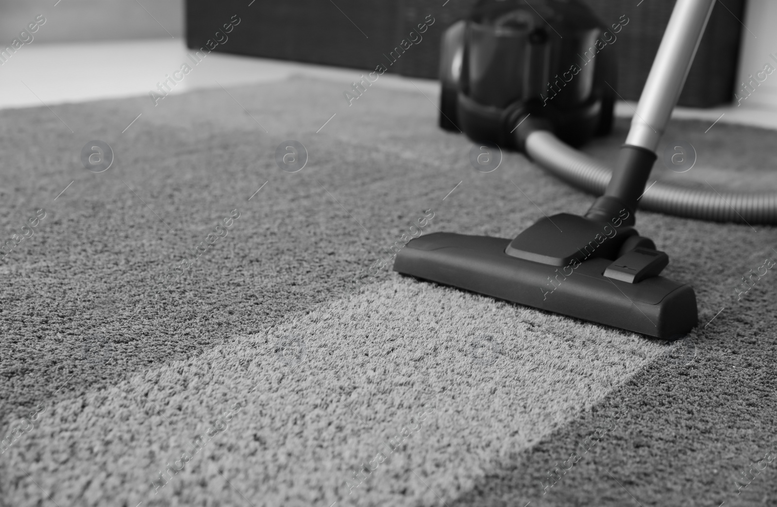 Photo of Modern vacuum cleaner on carpet. Space for text