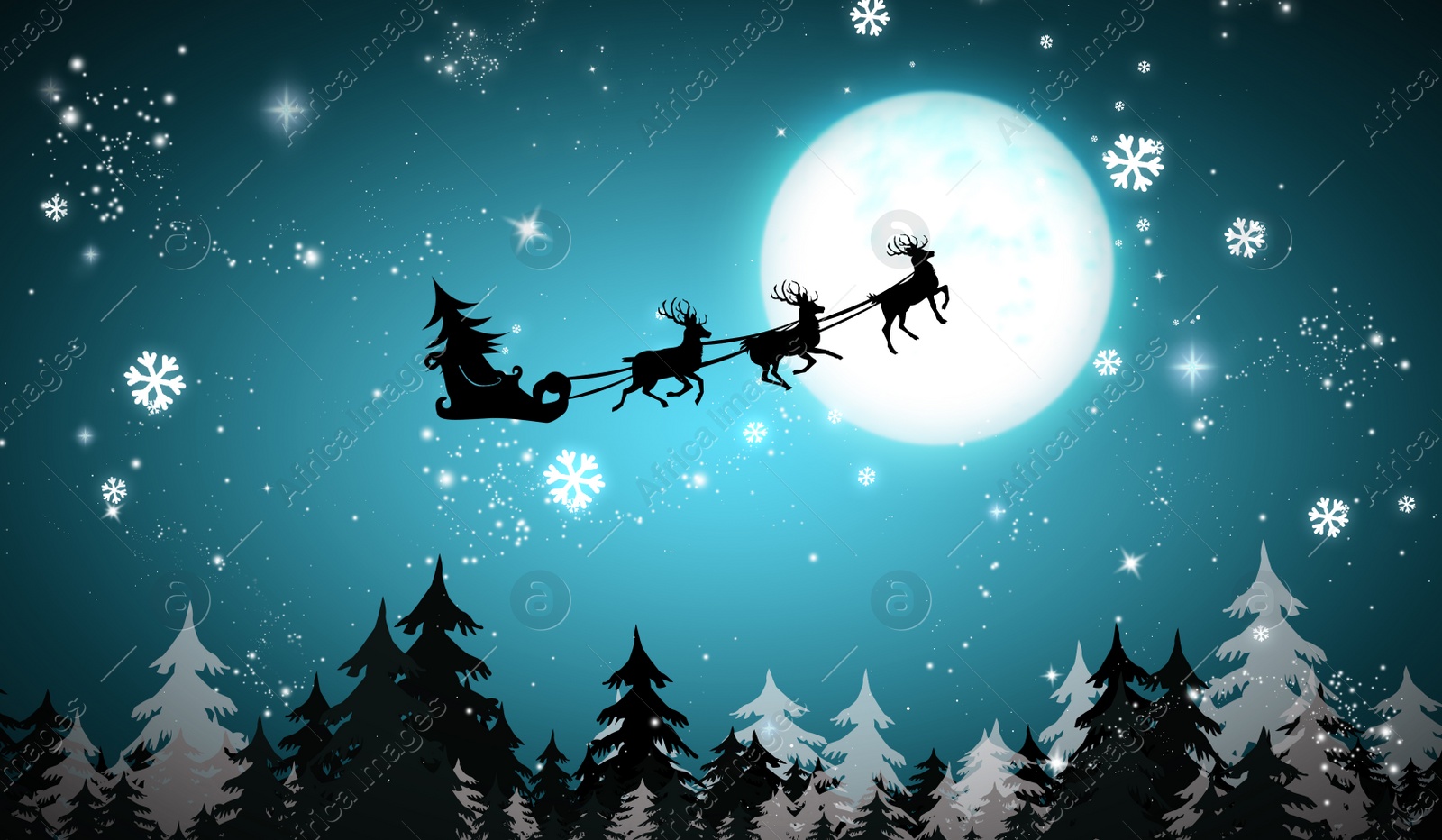 Image of Magic Christmas eve. Reindeers pulling Santa's sleigh in sky on full moon night