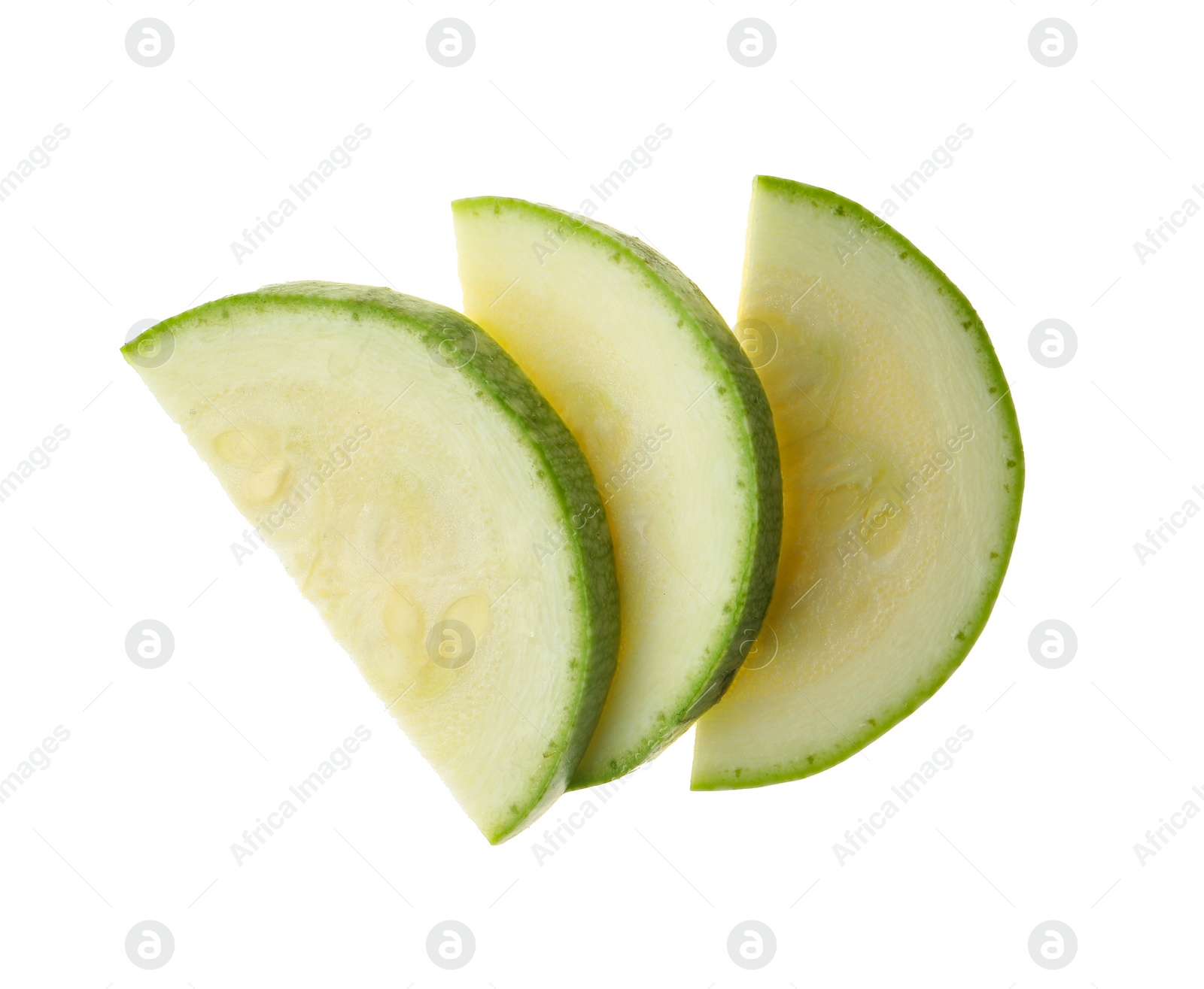 Photo of Slices of ripe zucchini on white background, top view