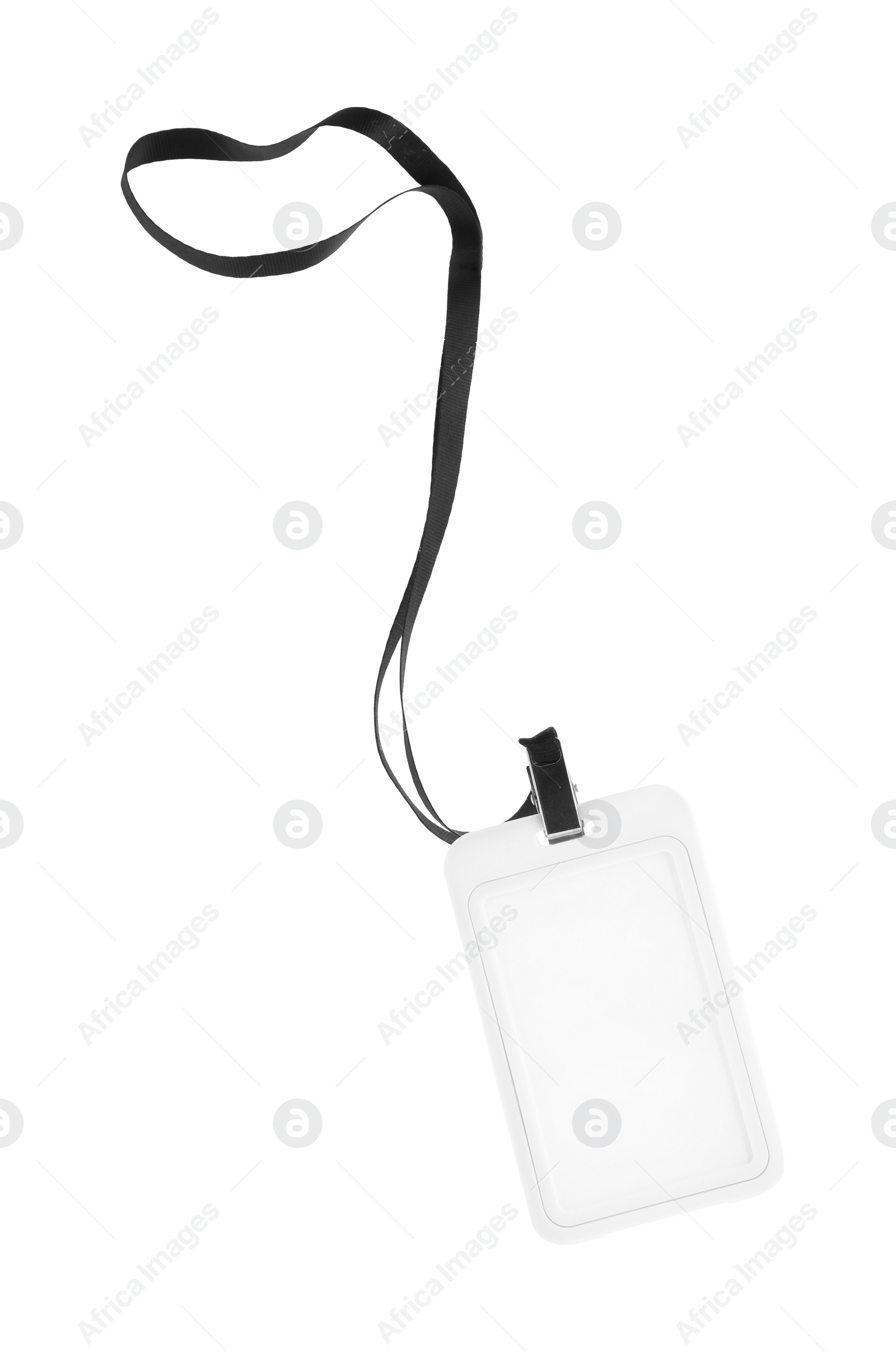 Photo of Blank badge with black string isolated on white